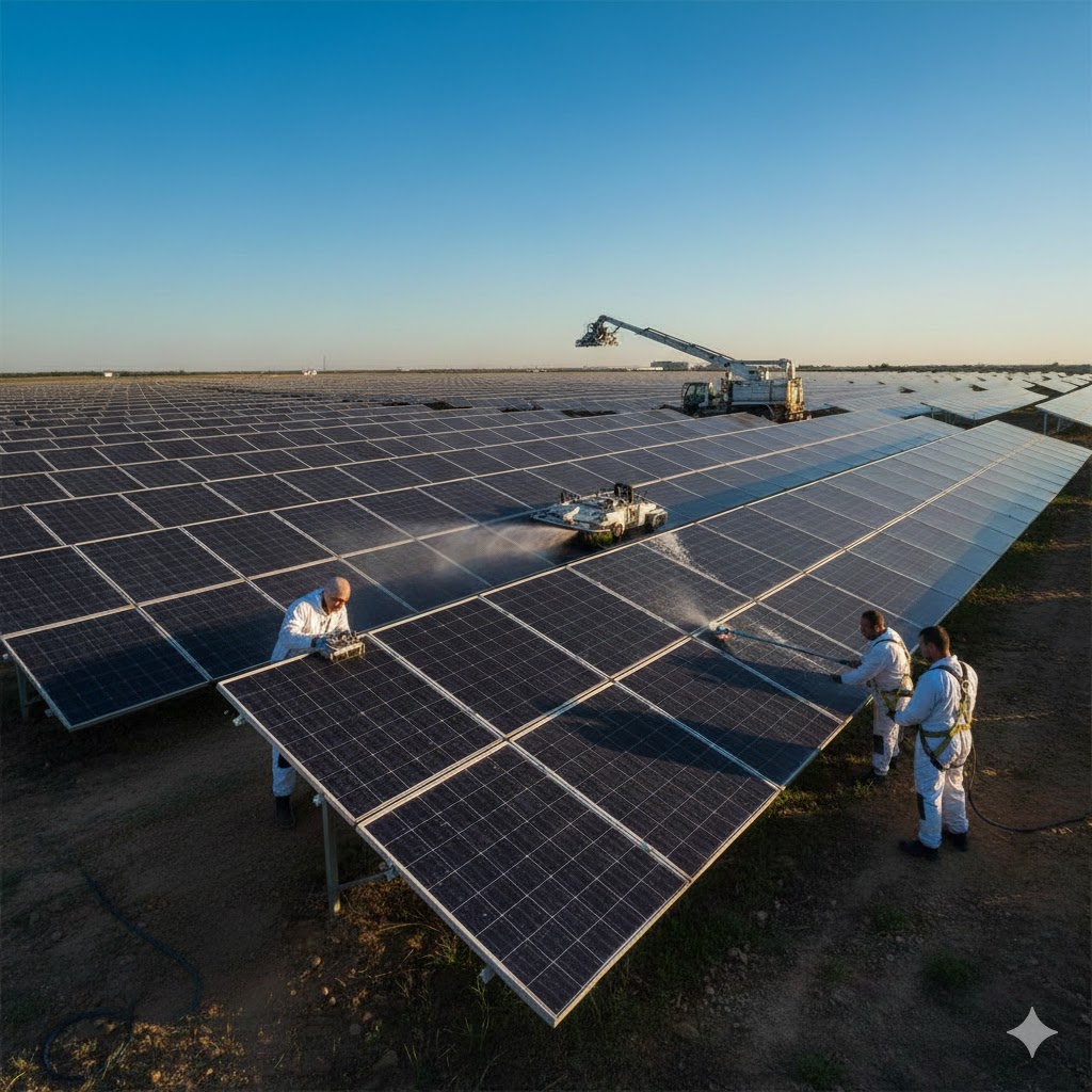 Technician cleaning solar panels